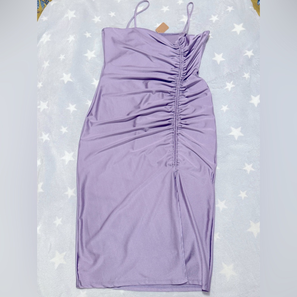 Spaghetti strap Satin-like midi dress with Rouching on the side, 1X